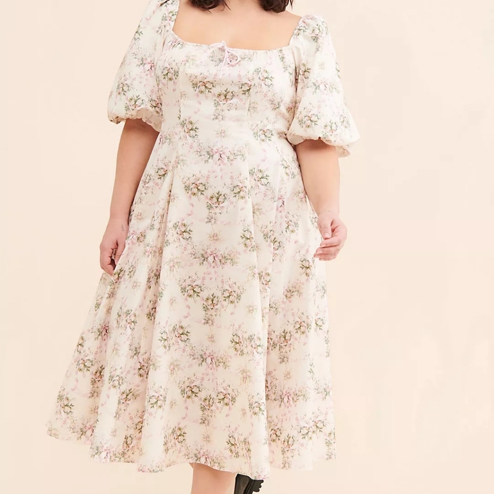 Selkie Cream Floral Midi Dress with Pink and Green Accents